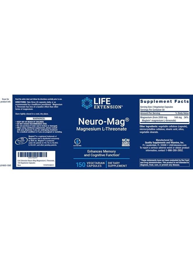 Life Extension - Neuro-Mag 150 Veg Caps (Pack of 2), Magnesium L-Threonate, Magtein Supplement - Image 1