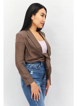 Couture Made For Vero Moda Women Notch Collar Long Sleeve Plaid Crop Top, Brown  - Image 4