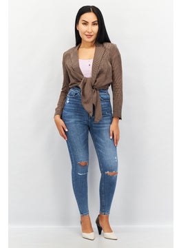 Couture Made For Vero Moda Women Notch Collar Long Sleeve Plaid Crop Top, Brown  - Image 3
