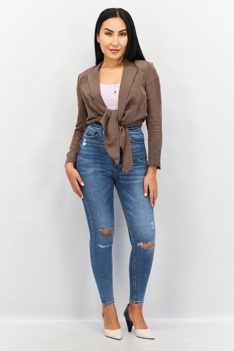 VERO MODA Couture Made For Vero Moda Women Notch Collar Long Sleeve Plaid Crop Top, Brown - Image 3