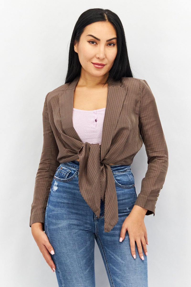 VERO MODA Couture Made For Vero Moda Women Notch Collar Long Sleeve Plaid Crop Top, Brown - Image 1