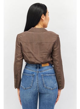 Couture Made For Vero Moda Women Notch Collar Long Sleeve Plaid Crop Top, Brown  - Image 2