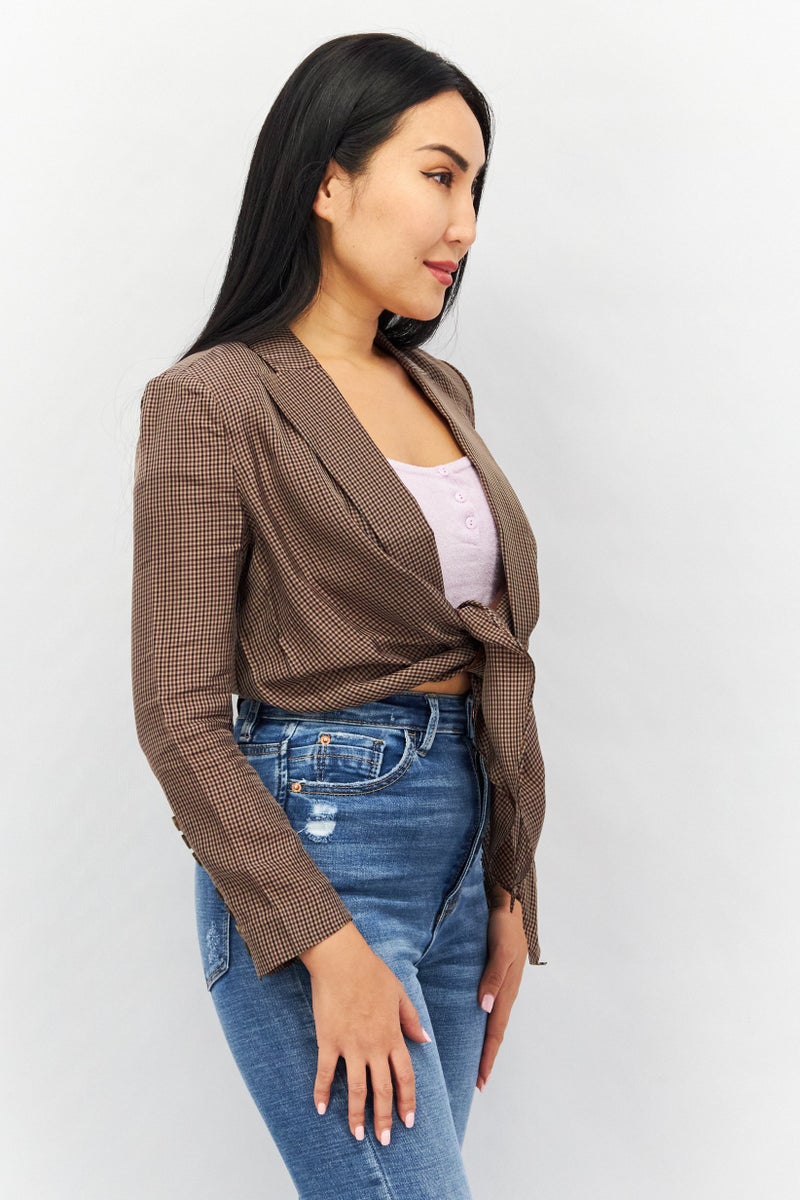 VERO MODA Couture Made For Vero Moda Women Notch Collar Long Sleeve Plaid Crop Top, Brown - Image 4