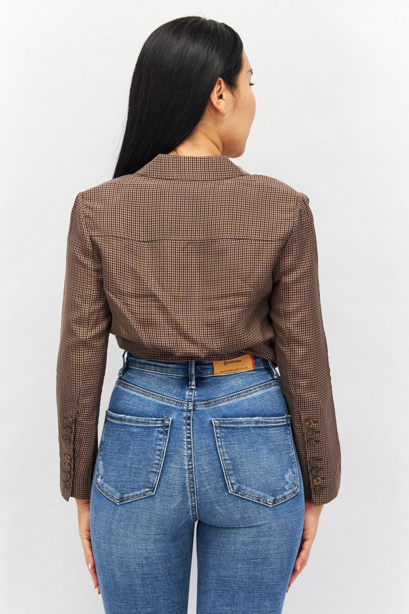 VERO MODA Couture Made For Vero Moda Women Notch Collar Long Sleeve Plaid Crop Top, Brown - Image 2