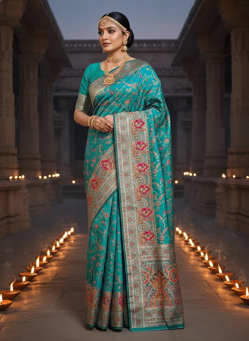 Glory Sarees Women's Kashmiri Pashmina Pure Silk Meenakari Woven Saree With Blouse Piece (Pashmina_Silk104_Rama) - Image 3