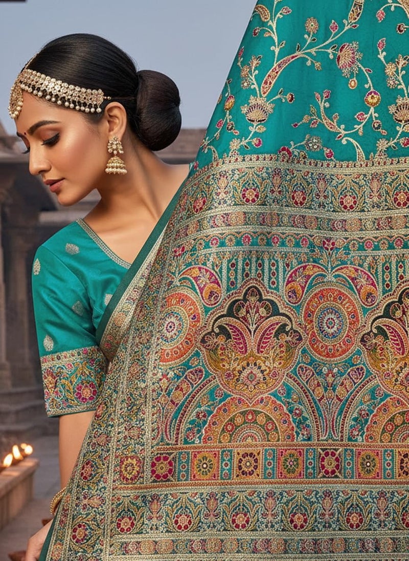 Glory Sarees Women's Kashmiri Pashmina Pure Silk Meenakari Woven Saree With Blouse Piece (Pashmina_Silk104_Rama) - Image 2