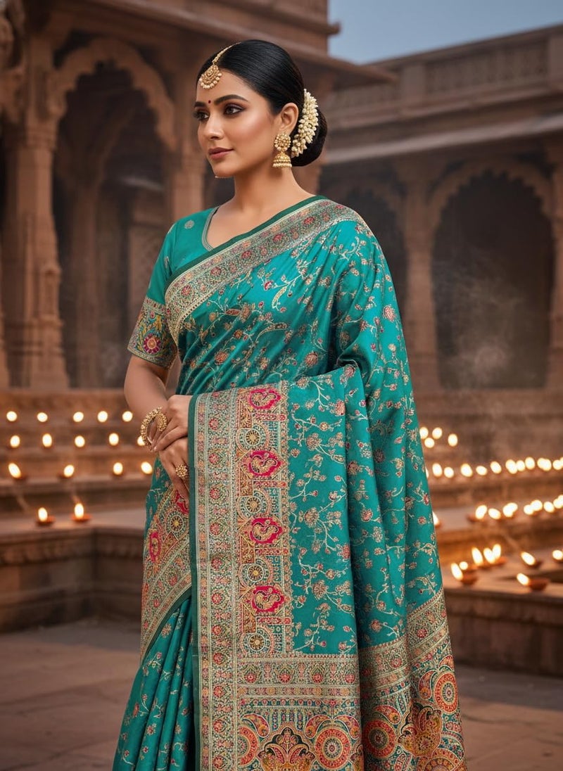 Glory Sarees Women's Kashmiri Pashmina Pure Silk Meenakari Woven Saree With Blouse Piece (Pashmina_Silk104_Rama) - Image 5