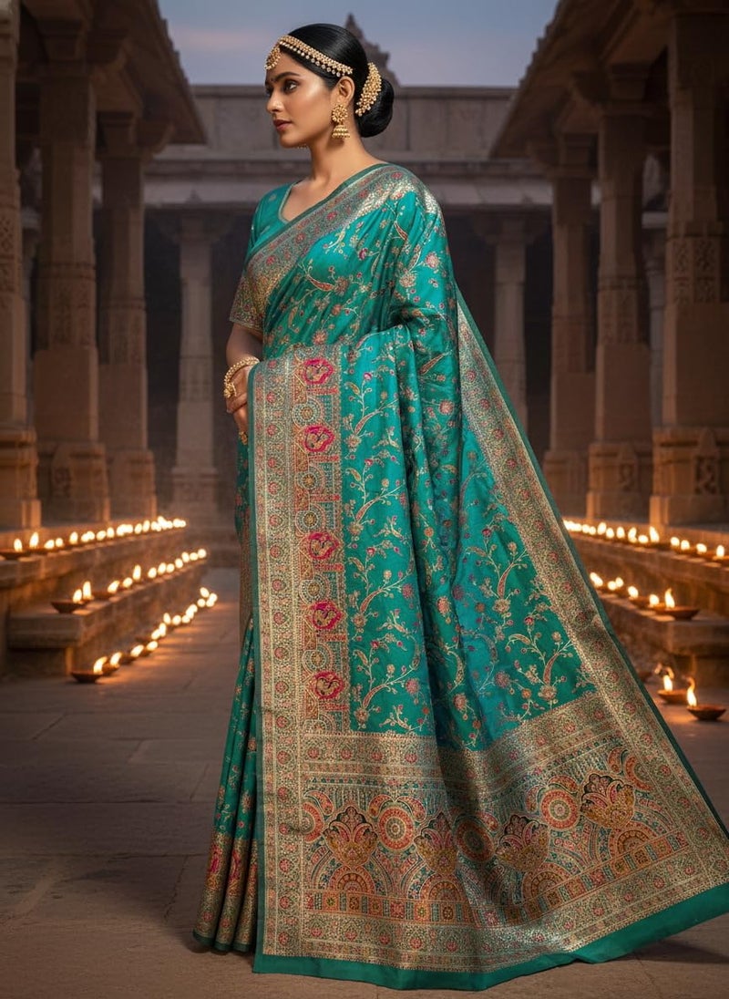 Glory Sarees Women's Kashmiri Pashmina Pure Silk Meenakari Woven Saree With Blouse Piece (Pashmina_Silk104_Rama) - Image 4