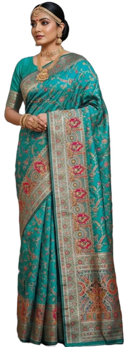 Glory Sarees Women's Kashmiri Pashmina Pure Silk Meenakari Woven Saree With Blouse Piece (Pashmina_Silk104_Rama) - Image 1
