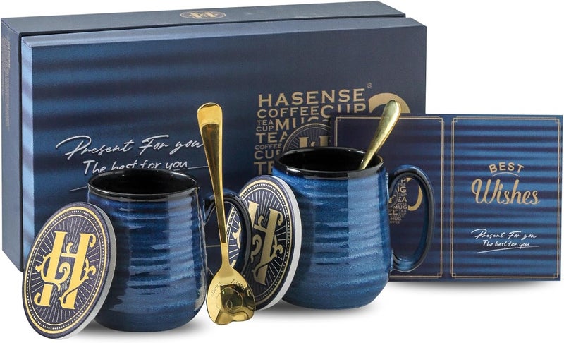Hasense Coffee Mugs, 15 Ounce Porcelain Mugs Set of 2 with Handle for Morning Coffee Tea and Cocoa, Ceramic Coffee Cups Gift Box with Beautiful Glaze Coasters Spoons for Men and Women, Navy - Image 1