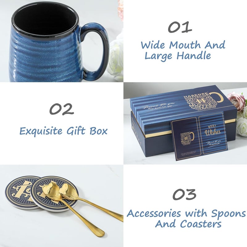 Hasense Coffee Mugs, 15 Ounce Porcelain Mugs Set of 2 with Handle for Morning Coffee Tea and Cocoa, Ceramic Coffee Cups Gift Box with Beautiful Glaze Coasters Spoons for Men and Women, Navy - Image 3