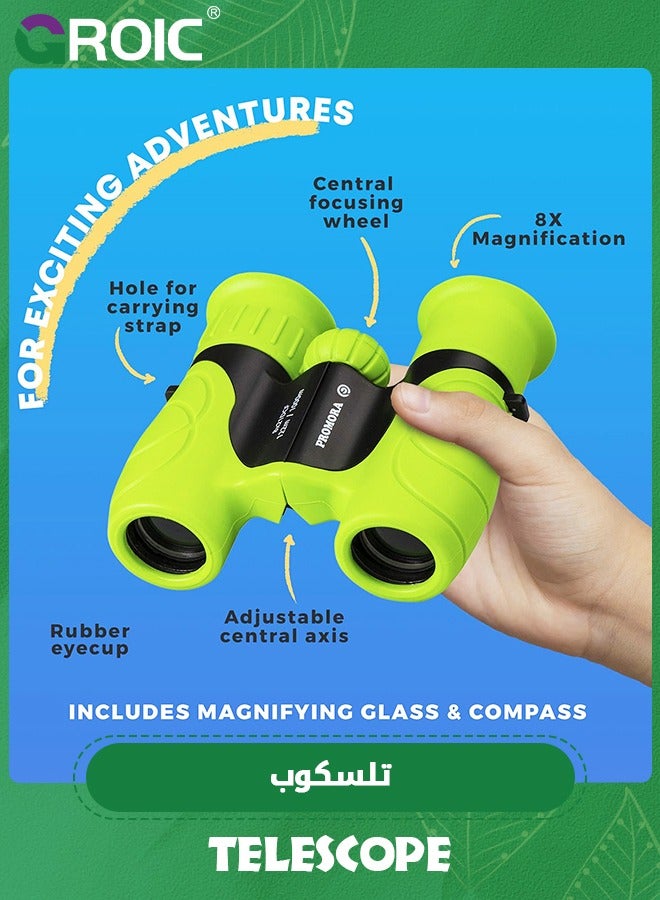 GROIC 8 x 21 Binoculars for Kids, Set with Magnifying Glass & Compass,Kids Binoculars for Toddler,Children Explore Toys  - Image 2