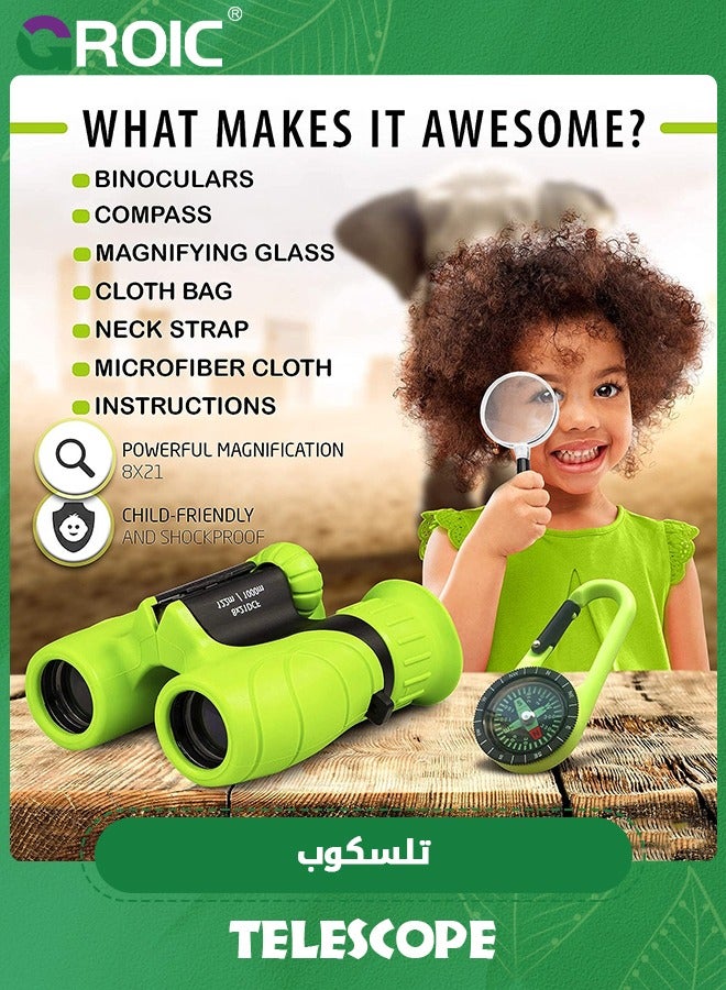 GROIC 8 x 21 Binoculars for Kids, Set with Magnifying Glass & Compass,Kids Binoculars for Toddler,Children Explore Toys  - Image 3