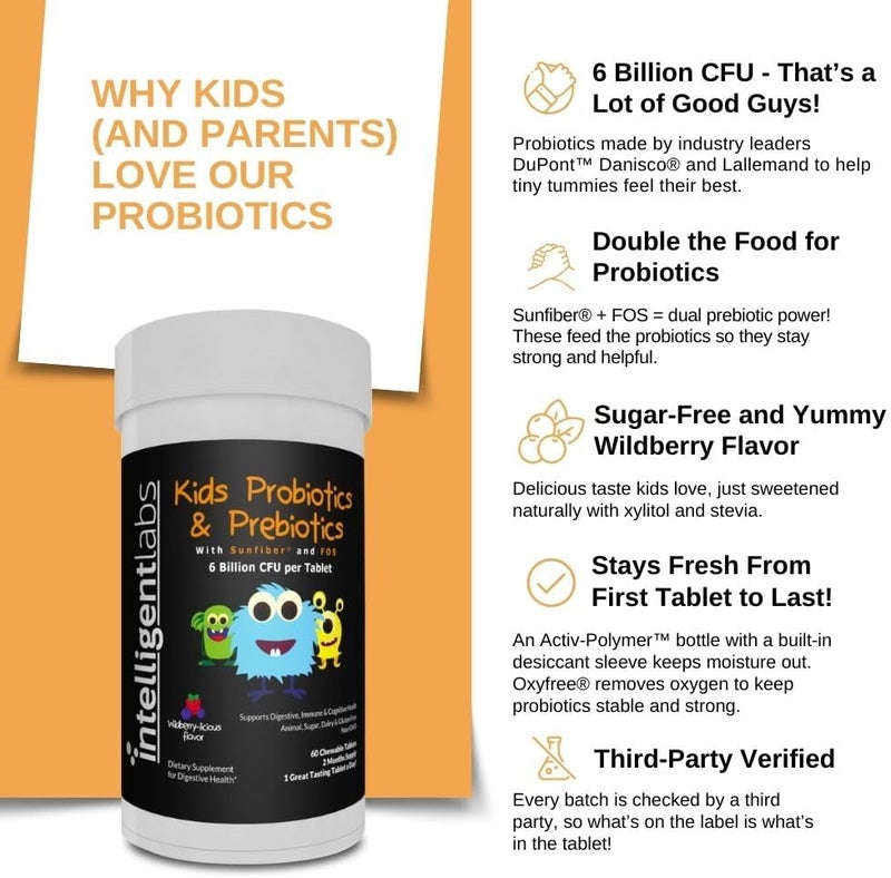 Intelligent Labs 6 Billion CFU KidsChildrens Probiotics with Prebiotics Sunfiber and FOS for 10x More Effectiveness One A Day Great Taste Chewable Probiotic 60Day Supply ThirdParty Verified - Image 3
