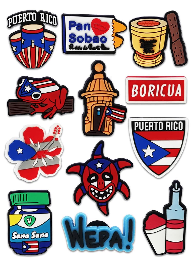12PCS Puerto rico Shoe Charms for Croc Bubble Slides Clogs Sandals, Cute Shoe Accessories Decorations for Girls Women Teens Adults