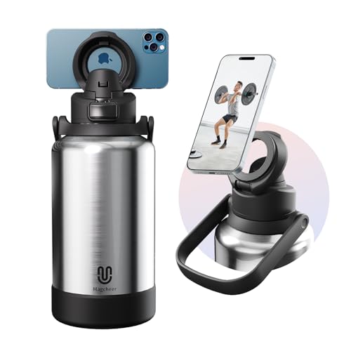magcheer 64oz Insulated Magnetic Water Bottle - Stainless Steel Vacuum Flask with MagSafe Compatible Phone Holder Keeps Drinks Cold for 24 Hours Water Jug for Gym and Outdoor Activities（Silver) - Image 1