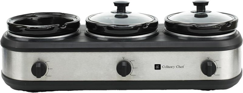 CULINARY CHEF , Triple Slow Cooker, Buffet Server 3 Pot, Food Warmer - Stainless - Image 3