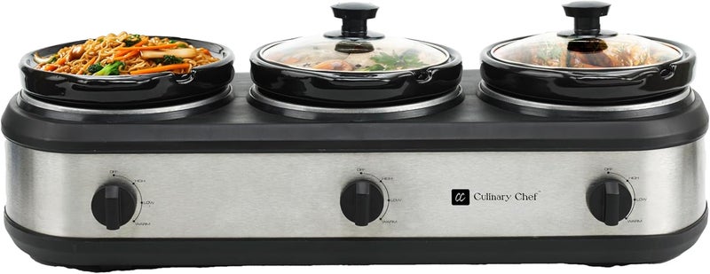 CULINARY CHEF , Triple Slow Cooker, Buffet Server 3 Pot, Food Warmer - Stainless - Image 4