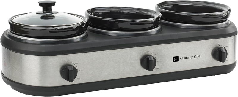 CULINARY CHEF , Triple Slow Cooker, Buffet Server 3 Pot, Food Warmer - Stainless - Image 1