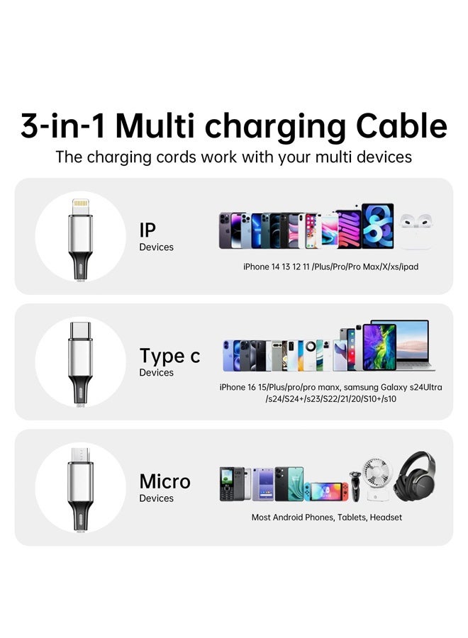 2 Packs Multi Charging Cable, 3 in 1 Fast Charging Cord,1.2M Nylon Braided Multiple USB Cable with iP Micro USB Type C Port for iPhone, Samsung, PS4, Tablet, Xiaomi and More - Image 2