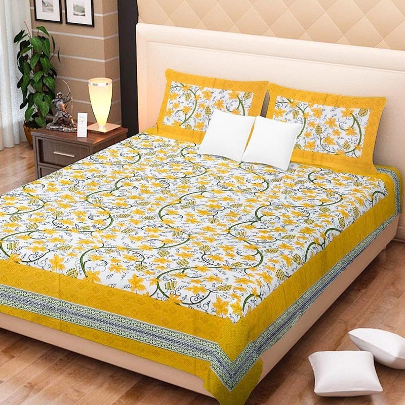 PURE COMFORT 144TC 100% Cotton Super King Size Double Bedsheet with 2 Pillow Covers, Yellow - Image 5