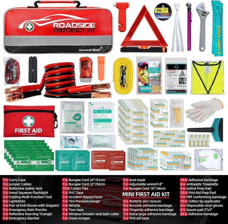 General Medi طقم طوارئ السيارات على جانب الطريق 127 قطعة يشمل حقيبة إسعافات أولية صغيرة، كابلات تشغيل، حبل سحب، ضمادة، سترة أمان، مثلث طوارئ، كل ذلك في حزمة واحدة - Image 2