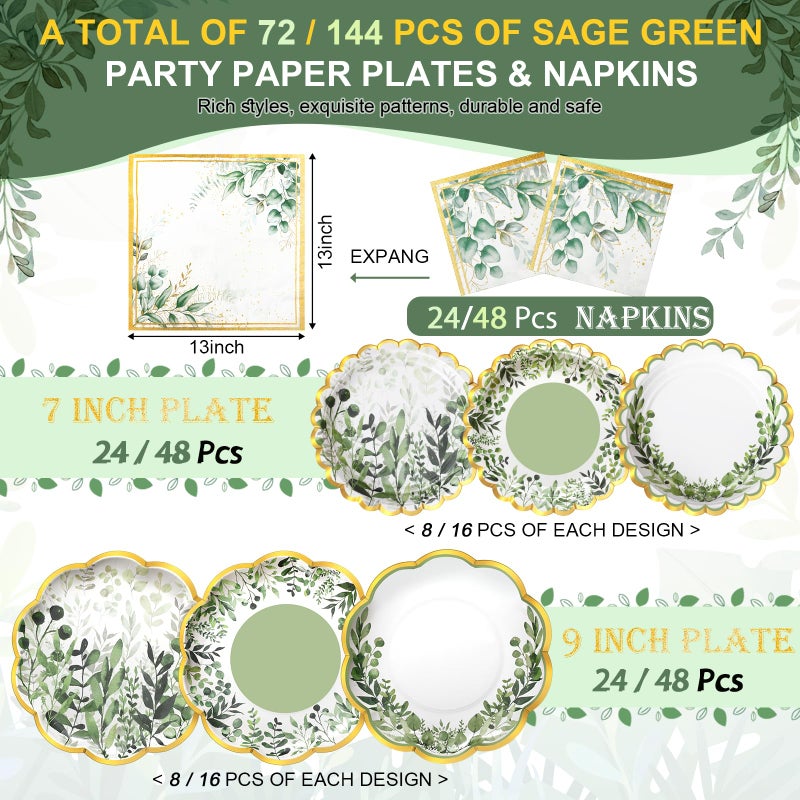 Skybooly 144 Pcs 48 Guests Sage Green Paper Plates and Napkins Party Supplies Scalloped Green Eucalyptus Paper Plates Napkins Disposable Tableware for Birthday Bridal Baby Shower Wedding Decorations - Image 2