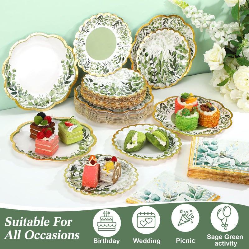Skybooly 144 Pcs 48 Guests Sage Green Paper Plates and Napkins Party Supplies Scalloped Green Eucalyptus Paper Plates Napkins Disposable Tableware for Birthday Bridal Baby Shower Wedding Decorations - Image 3