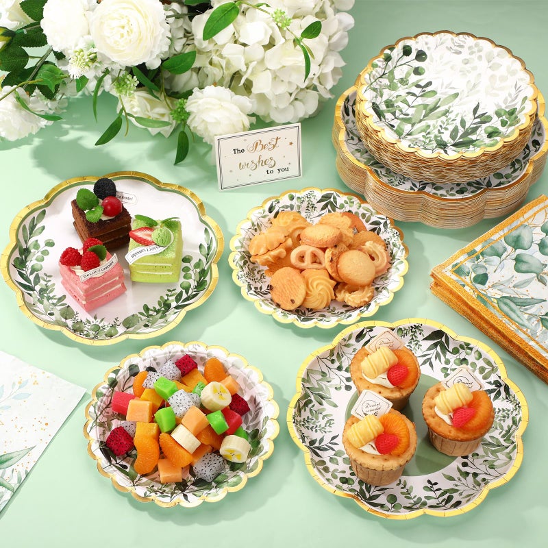 Skybooly 144 Pcs 48 Guests Sage Green Paper Plates and Napkins Party Supplies Scalloped Green Eucalyptus Paper Plates Napkins Disposable Tableware for Birthday Bridal Baby Shower Wedding Decorations - Image 4