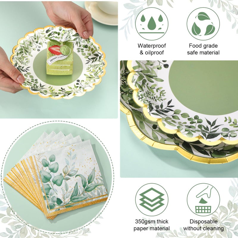 Skybooly 144 Pcs 48 Guests Sage Green Paper Plates and Napkins Party Supplies Scalloped Green Eucalyptus Paper Plates Napkins Disposable Tableware for Birthday Bridal Baby Shower Wedding Decorations - Image 5