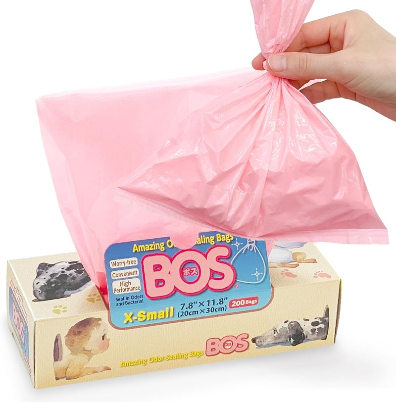 BOS أكياس BOS المدهشة القابلة للتصرف لإغلاق الروائح لحفاضات الأطفال أو نفايات الحيوانات الأليفة أو أي منتج صحي للتخلص منه متينة وغير معطرة الحجم XS اللون وردي 200 حبة عبوة من 1 200 كيس - Image 1
