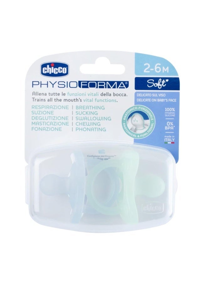 Chicco PhysioForma Soother for Babies (2-6 Months) Pack of 2 | Baby Pacifier with Unique Shape to Support Baby's Breathing | Soft Silicon Material | BPA Free (Blue, Green)