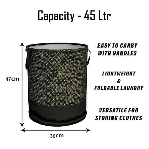 Kuber Industries Polyester Foldable Laundry Basket, Non-Woven Round Basket For Clothes, Toy Storage, 45L, Golden Dot, Black, 36 Cm X 47 Cm - Image 3