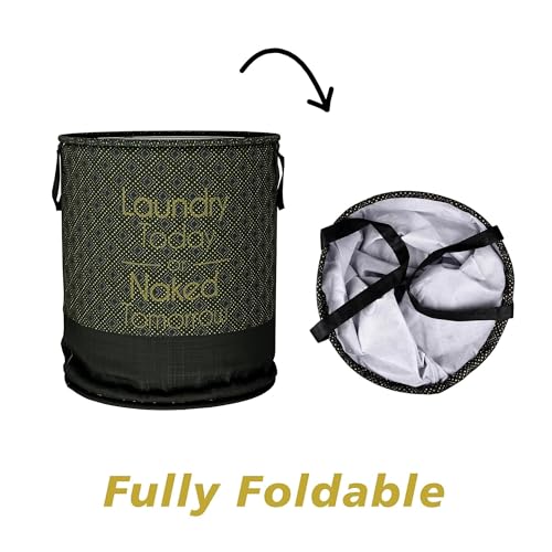 Kuber Industries Polyester Foldable Laundry Basket, Non-Woven Round Basket For Clothes, Toy Storage, 45L, Golden Dot, Black, 36 Cm X 47 Cm - Image 2