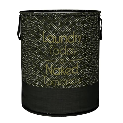 Kuber Industries Polyester Foldable Laundry Basket, Non-Woven Round Basket For Clothes, Toy Storage, 45L, Golden Dot, Black, 36 Cm X 47 Cm - Image 1