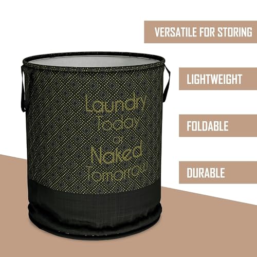 Kuber Industries Polyester Foldable Laundry Basket, Non-Woven Round Basket For Clothes, Toy Storage, 45L, Golden Dot, Black, 36 Cm X 47 Cm - Image 4