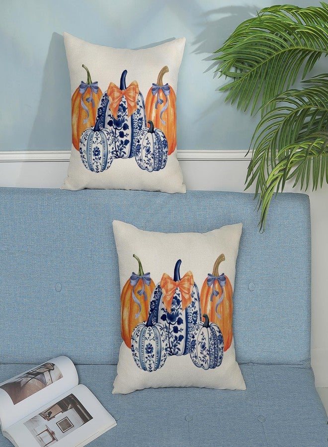 JEFERSO Fall Pillow Covers 18x18 Set of 2 Chinoiserie Blue and Orange Pumpkin Throw Pillows Autumn Harvest Thanksgiving Outdoor Decorations Pillow Cases Linen Fall Decor Cushion Case for Couch Sofa - Image 4