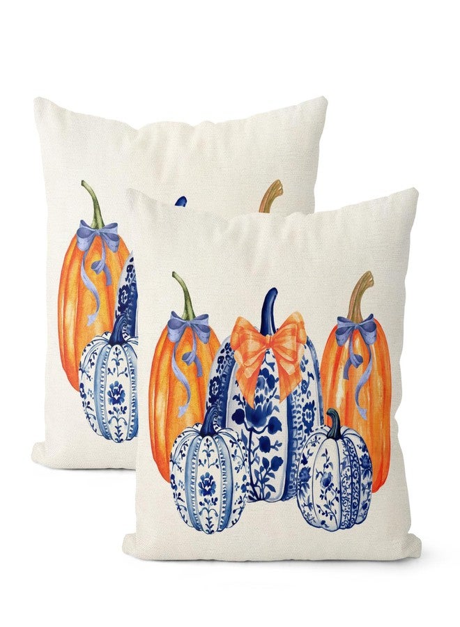 JEFERSO Fall Pillow Covers 18x18 Set of 2 Chinoiserie Blue and Orange Pumpkin Throw Pillows Autumn Harvest Thanksgiving Outdoor Decorations Pillow Cases Linen Fall Decor Cushion Case for Couch Sofa - Image 1
