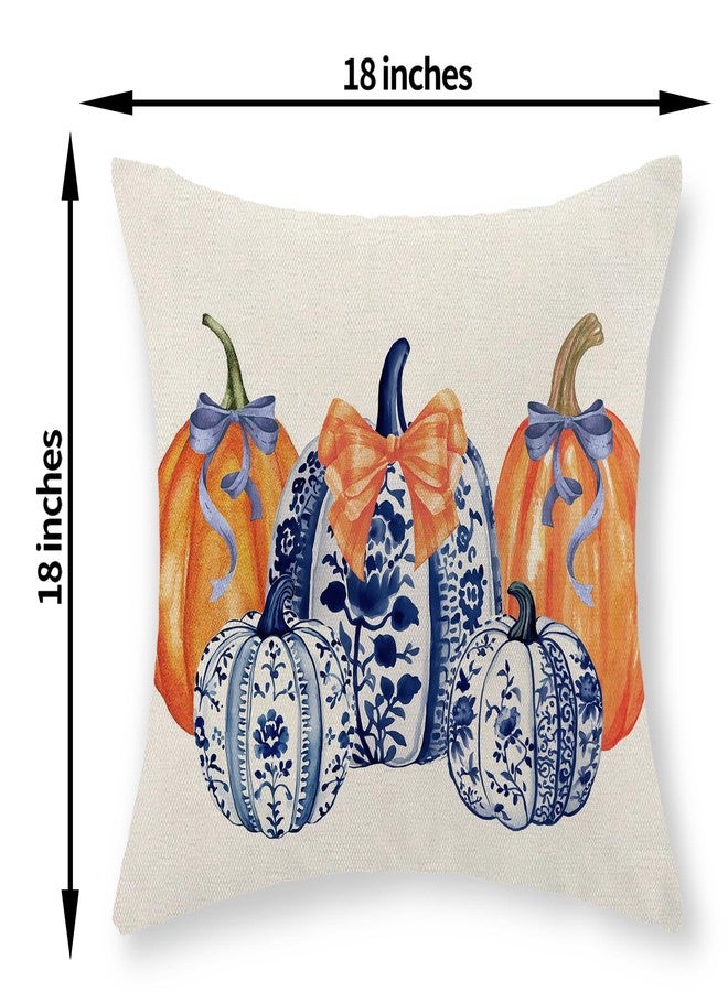 JEFERSO Fall Pillow Covers 18x18 Set of 2 Chinoiserie Blue and Orange Pumpkin Throw Pillows Autumn Harvest Thanksgiving Outdoor Decorations Pillow Cases Linen Fall Decor Cushion Case for Couch Sofa - Image 2