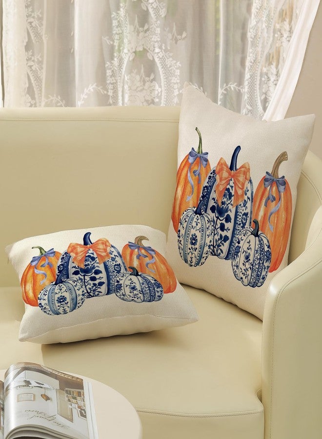JEFERSO Fall Pillow Covers 18x18 Set of 2 Chinoiserie Blue and Orange Pumpkin Throw Pillows Autumn Harvest Thanksgiving Outdoor Decorations Pillow Cases Linen Fall Decor Cushion Case for Couch Sofa - Image 5