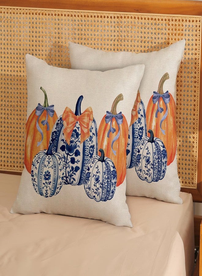 JEFERSO Fall Pillow Covers 18x18 Set of 2 Chinoiserie Blue and Orange Pumpkin Throw Pillows Autumn Harvest Thanksgiving Outdoor Decorations Pillow Cases Linen Fall Decor Cushion Case for Couch Sofa - Image 3