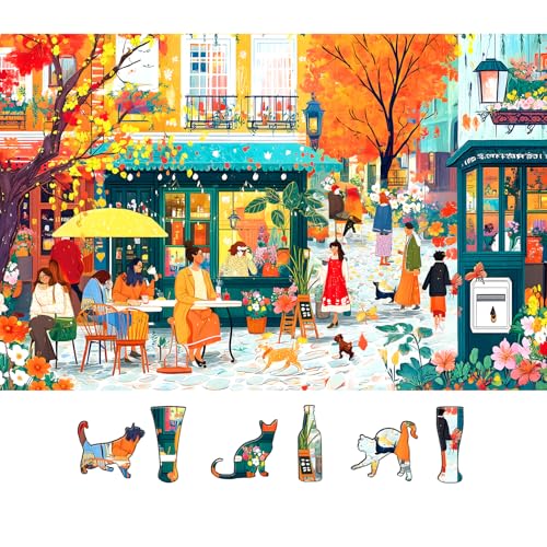 Blueforest Autumn Cafe Scene Puzzle for Adults 500 Pieces Colorful Street Jigsaw Puzzle with Letters on Back Fall City Street Landscape Challenging Puzzle Ideal for Family Game Nights Seniors 2315 - Image 1