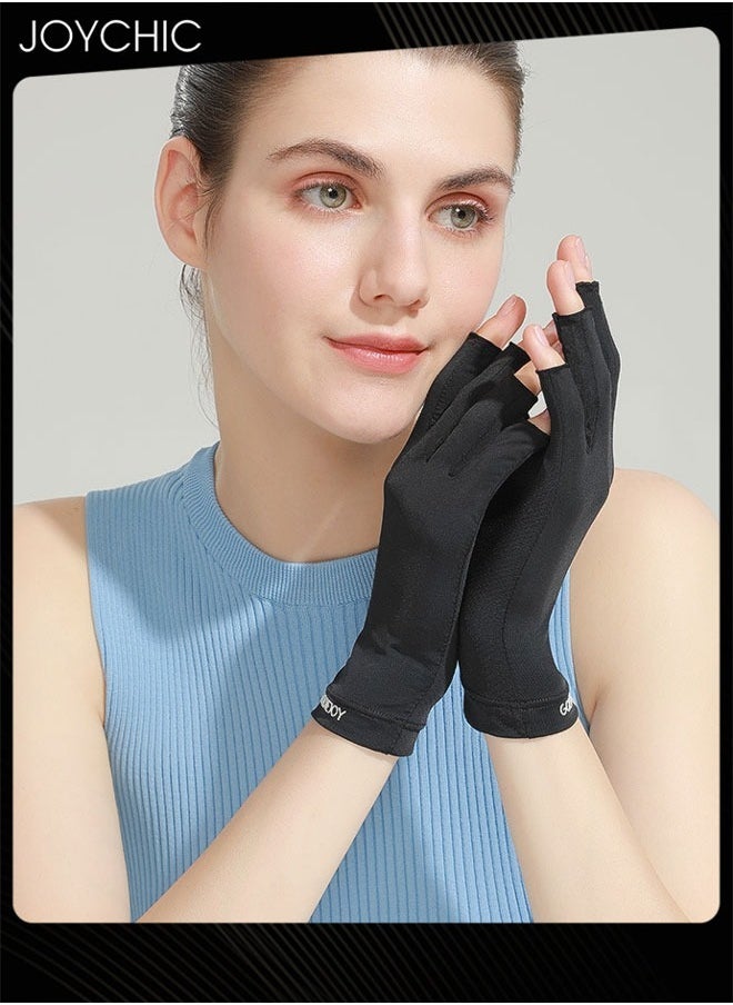 Joychic Women Summer UV Protection Half-finger Gloves Outdoor Driving Ice Silk Skin-friendly Breathable Thin Sun Protection Gloves Black  - Image 1