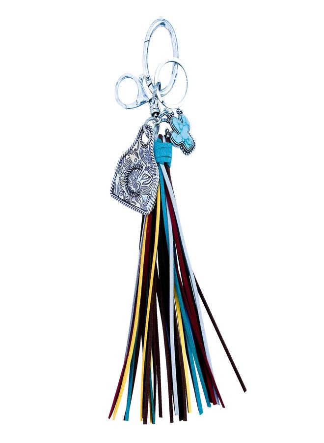 Wonderent Western cow ear tag Initial A-Z keychain bag charm with multi color tassel and cactus charm (C) - Image 1
