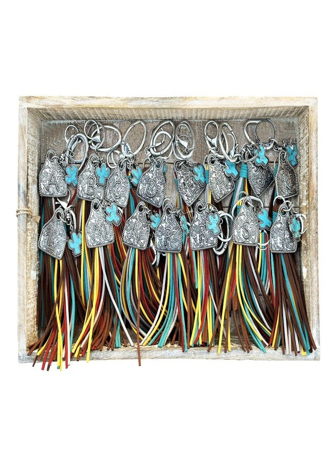 Wonderent Western cow ear tag Initial A-Z keychain bag charm with multi color tassel and cactus charm (C) - Image 4