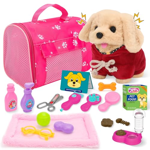 deAO Dog Toys for Kids Stuffed Dog Plush Toys with Carrier CagePet Mat Pretend Play Puppy Pet Care Feeding Playset Toys Gifts for Boys Girls 3 4 5 6 Year Old - Image 1
