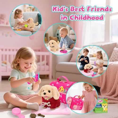 deAO Dog Toys for Kids Stuffed Dog Plush Toys with Carrier CagePet Mat Pretend Play Puppy Pet Care Feeding Playset Toys Gifts for Boys Girls 3 4 5 6 Year Old - Image 5