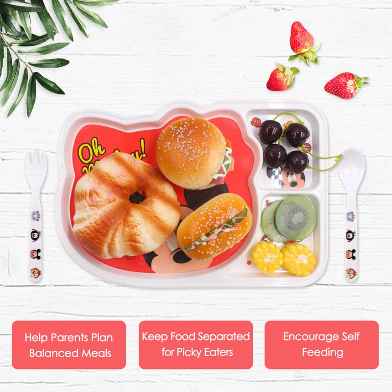 Finex 3 Pcs Set - Mickey Polka Dot Resin Meal Time Dishes Food Feeding Divided Compartments Dinnerware Plate with Matching Spoon and Fork Flatware - Image 2