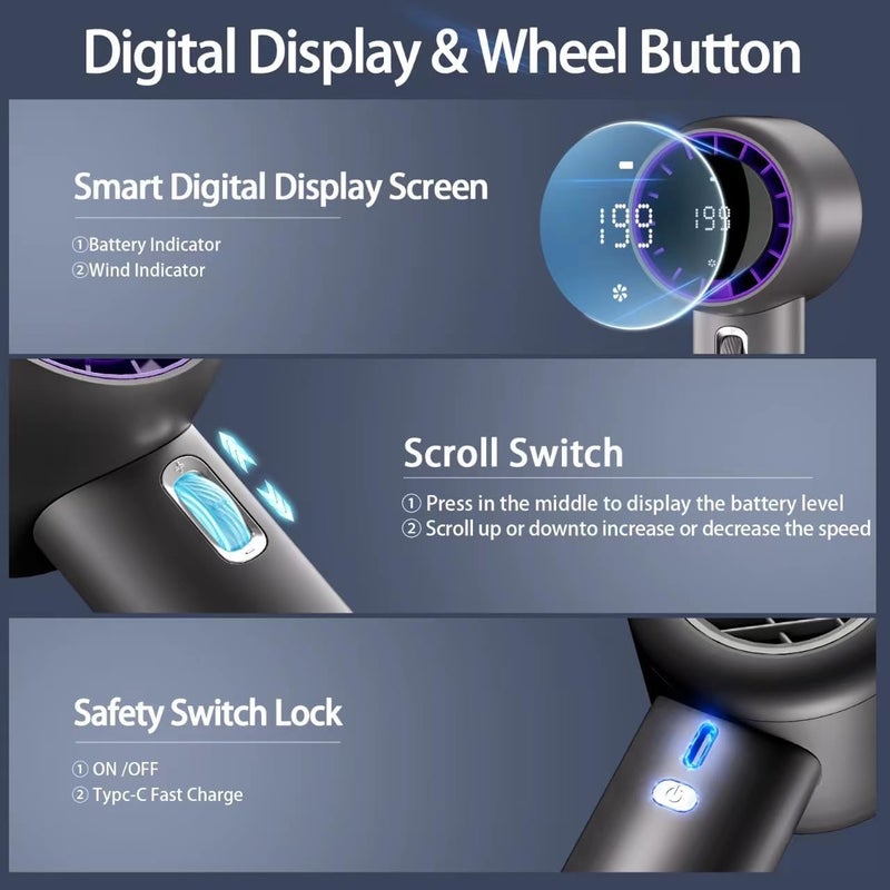 Luckam Portable Handheld Fan, High Speed (1-199) Adjustable Turbo Mini Fan with Digital Display, USB Type-C Rechargeable Battery Powered Personal Fan for Travel, Camping, Office, Home, Outdoor, Grey - Image 4