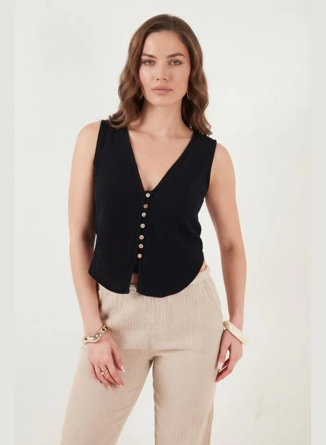 Lela  Lela Cotton Regular Fit V-Neck Button Detail Summer Blouse Vest Women's VEST 5866661 for Women | Best Price UAE